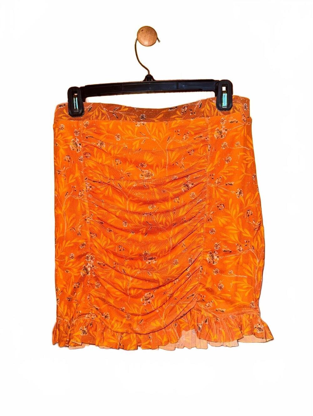 Orange floral ruched mini skirt
